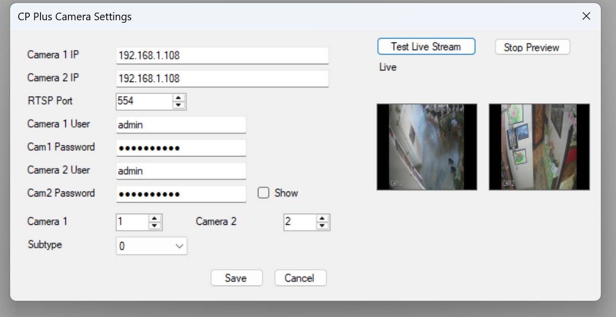 Current camera settings with separate camera IPs and logins